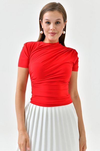 lovebox Γυναικείο Stretch Fabric Gather Σχέδιο Κοντό μανίκι Basic Κόκκινη Μπλούζα 12244