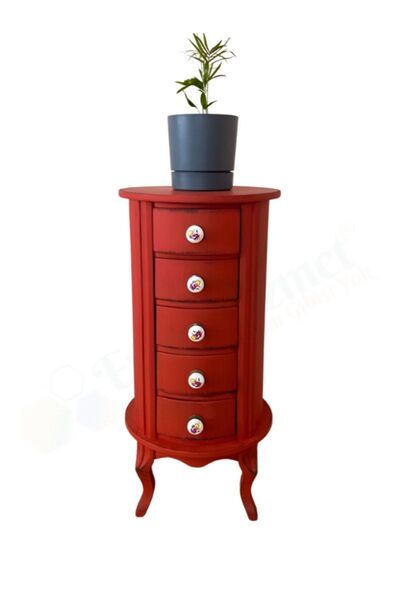 Evim Hizmet 5 Çekmeceli Yuvarlak Komodin Saksılık Yan Sehpa