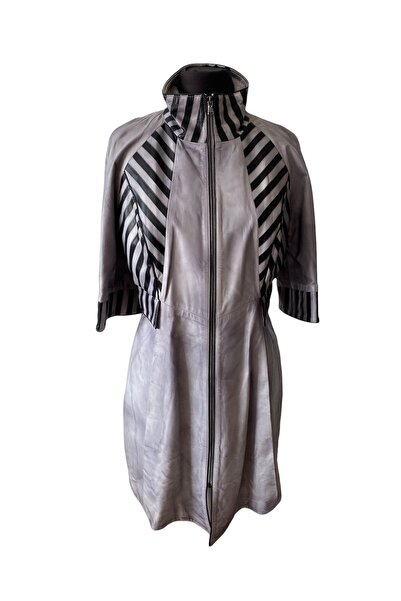 asus deri Hakiki Kuzu Derisi Açık Gri Kadın Uzun Ceket