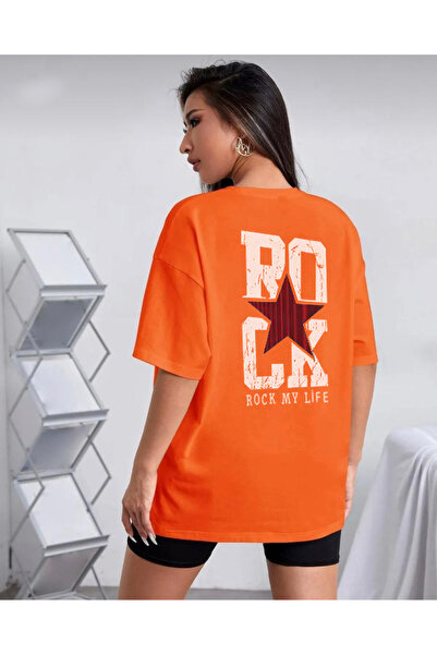 khufu Unisex narandžasta Oversize kroj 'Rock My Life' Štampano majica