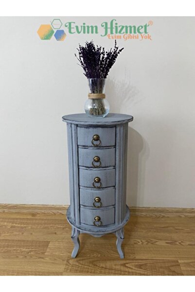 Evim Hizmet 5 Çekmeceli Yuvarlak Komodin Saksılık Yan Sehpa