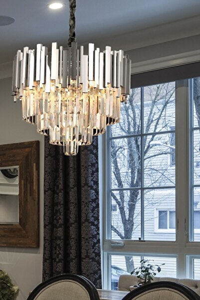 Prestige Lüks Modern Kristal Taşlı Sarkıt Avize Gümüş Krom Kaplama