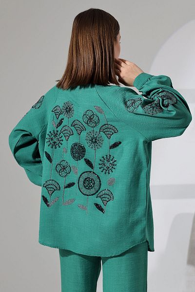 Miss Allos Linen Kimono Jacket and Trousers Set - Sequin Embroidered on the Back and Sleeves