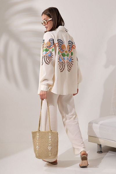 Miss Allos Set jachetă și pantaloni kimono din in - Broderie cu paiete pe spate și pe mâneci