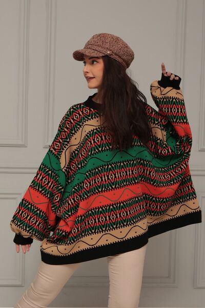 BLUECORNER Bicycle Collar Ethnic Pattern Bat Sleeve Sweater Blu14280