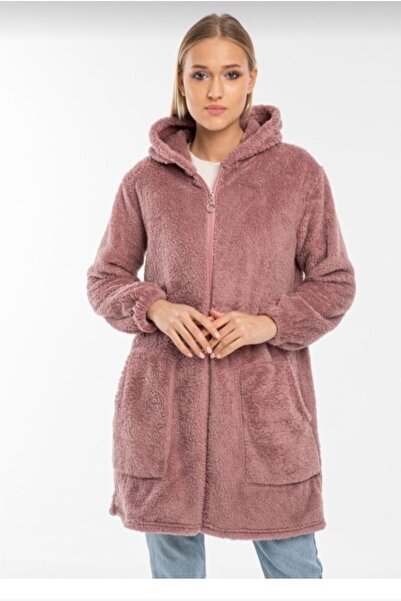ABB Kapşonlu Fermuarlı Oversize Peluş Hırka