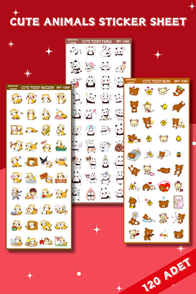 Burak Baskı Tasarım Cute Animals 3'Lü Sticker Seti, Planlayıcı, Defter, Ajand...