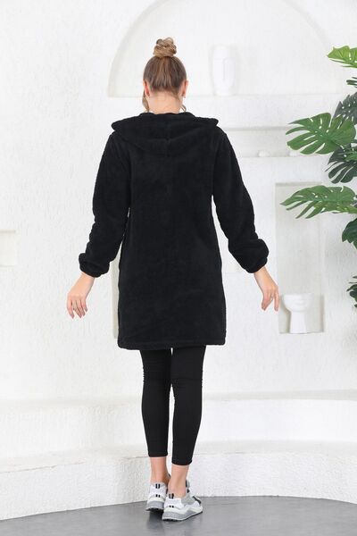Kardelen Butik Ümraniye Μακρύ βελούδινο παλτό με κουκούλα με φερμουάρ Fleece Cardigan Μαύρο Plus Size
