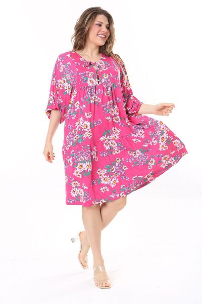 Şans Colorful Plus Size Bat Sleeve Chest Shirred Dress - Front Placket with Buttons 65N37959