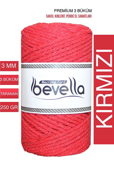 Bevella Macrame Cord Premium Red Twisted 3 Twist Cotton Macrame Thread - 3 mm 250 Gr