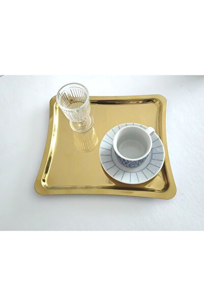 store trend Lüx Çelik Gold Kaplama Shiny Kahve Sunum Tepsisi 22x19 Cm