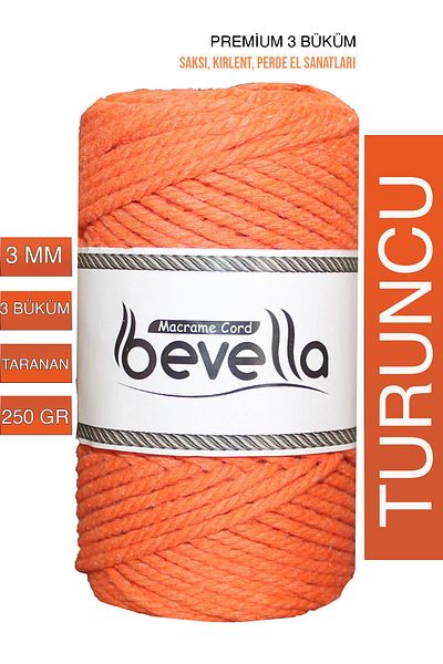 Bevella Macrame Cord خيط مكرامية برتقالي فاخر - 3 أوتار، 3 مم، 250 جرام قطن ملتوي