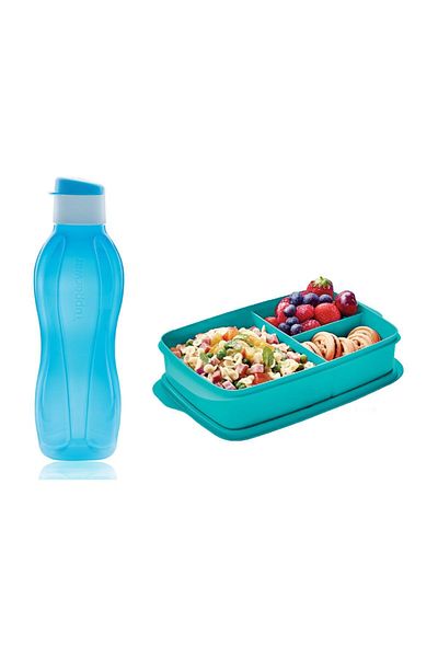 Tupperware Eco Bottle Water Bottle 750 ml Blue And Compartmented Lunch Box 1lt