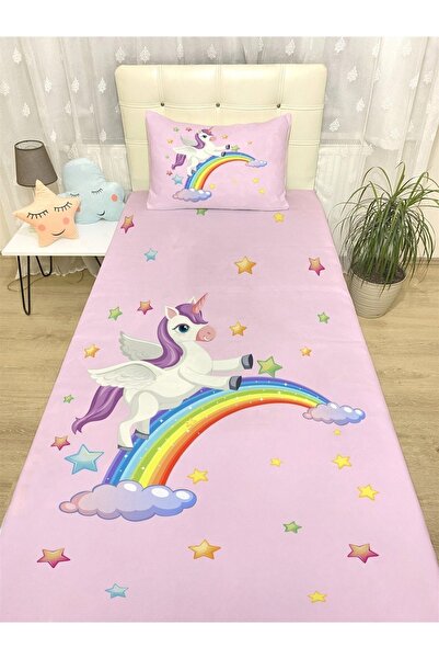 EVPANYA Pembe Yıldızlı Gökkuşağında Uçan Unicorn Desenli Yatak Örtüsü Ve Yast...