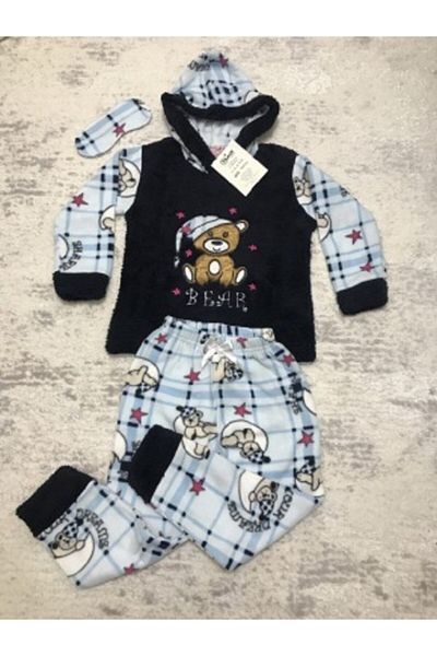 Tarık Hooded Girl's Fleece Welsoft Pajama Set with Eye Patch Bear
