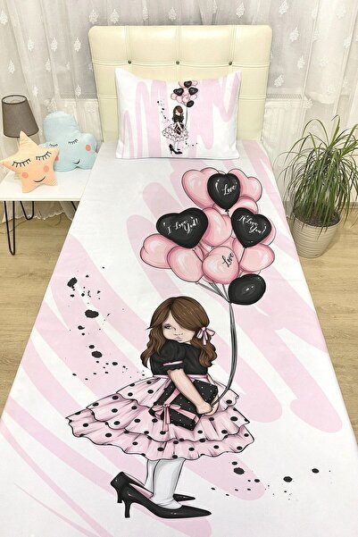 EVPANYA Pembe Balonlu Küçük Kız Yatak Örtüsü Ve Yastık Kılıfı