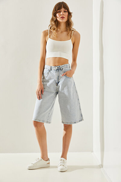 Bianco Lucci Pantaloni scurți de damă cu tăietură largi - spălat cu zăpadă, cu detaliu curea din spate, largi 60251174