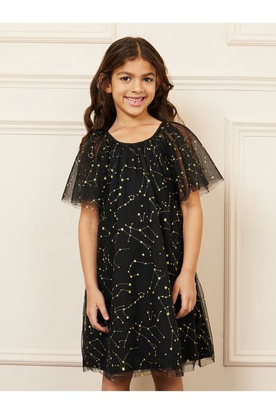 Styli Constellation Stars Embellished Mesh Layer Tunic Dress