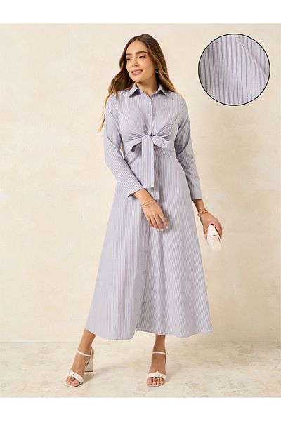 Styli Striped Front Tie Up Shirt Maxi Dress