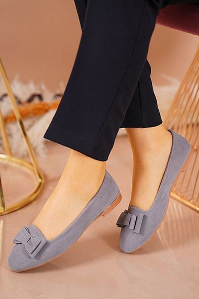 ZERDALİFE Women's Gray Suede Bow Ballerinas111113