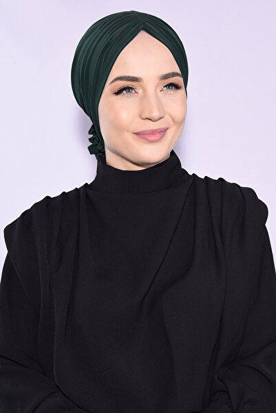 Tek Tesettür Giyim وردة مجمعة على الوجهين من العظام باللون الأخضر الزمردي - ا...