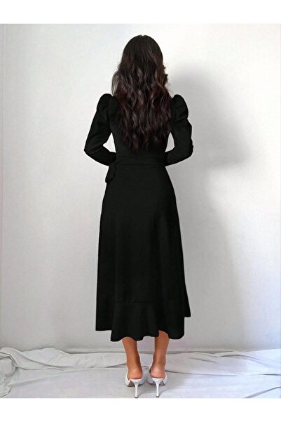 Varyete Kruvaze Yaka Uzun Kol Volanlı Kuşaklı Midi Boy Elbise Düğün Nişan Söz Mezuniyet Nikah