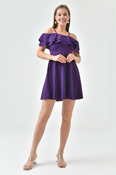 bayansepeti Crepe Fabric Thin Strap Flywheel Bell Cut Purple Mini Dress 014