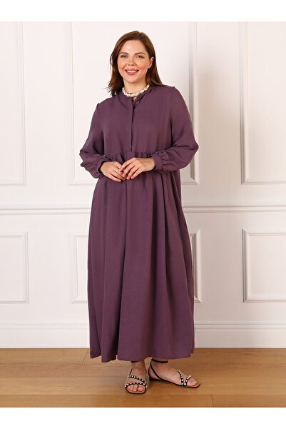 ALİA Dark Purple Plus Size Hijab Dress - Hidden Button Detail - Alia