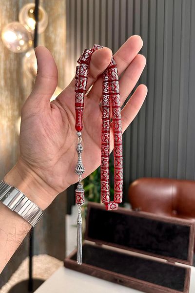 dergah tesbih Silver Embroidered Red Line Series Amber