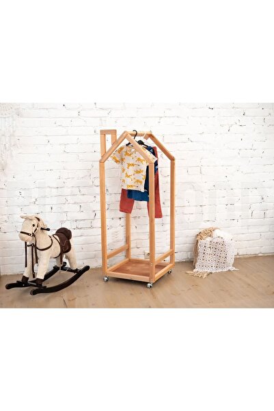 OPPİPO Montessori Ahşap Çocuk Odası Tekerlekli Askılık - Montessori Askılık -...