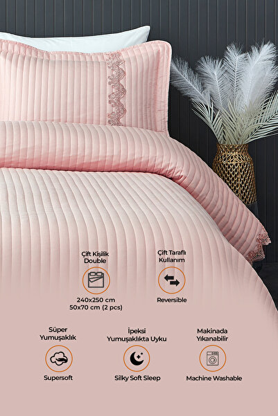 Evlen Home Collection Mihrimah Dantelli Çift Kişilik Kapitone Yatak Örtüsü Battal %100 Pamuk Pike Seti Elyaf Dolgulu Pudra