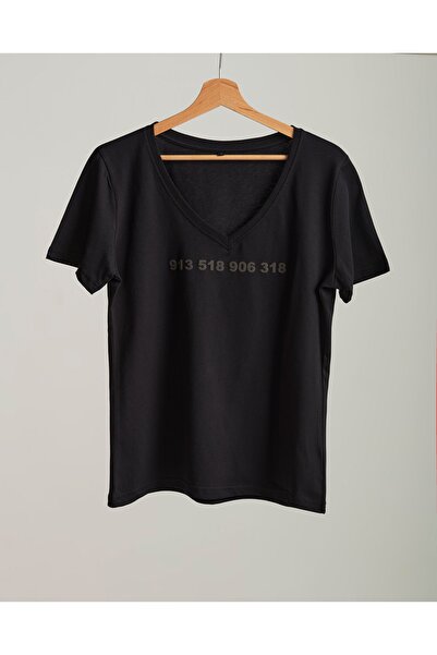 V Yaka Siyah Renk Basic Kadın Bolluk Bereket Sekans Tshirtü