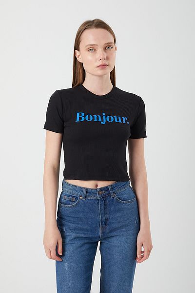 Mixray Bonjour Printed 1086 Women's Cotton Crop T-Shirt