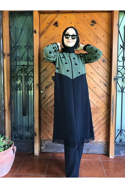 AYSUN AYDEMİR Green Black Polka Dot Detailed Zippered Tracksuit Set