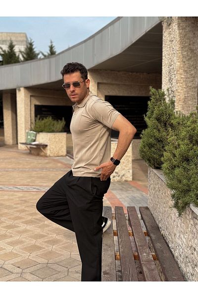 Benisengiydir Πόλο λαιμόκοψη Μπεζ λευκό ριγέ κοντομάνικο πλεκτό μπλουζάκι