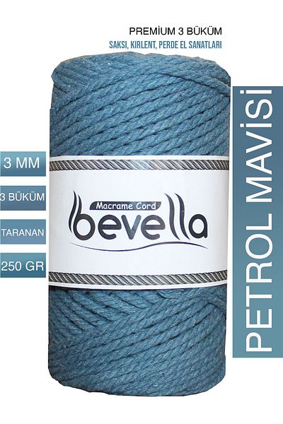 Bevella Macrame Cord Petrol Blue Premium 3 Twist Spun Cotton Macrame Snur - 3 Mm 250 gr