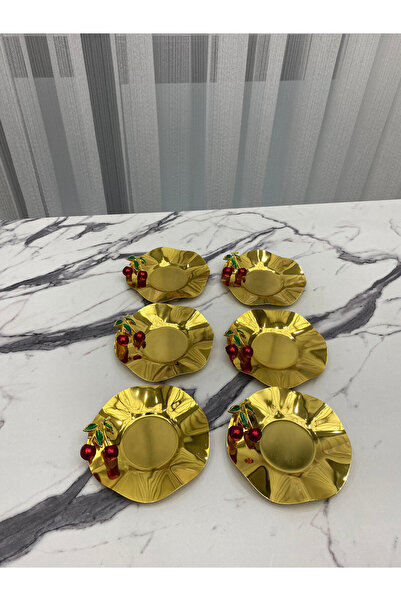 Aslı Hediyelik Luxury Gold Wave - 6-Piece Stainless Metal Tea Plate with Cherry Detail