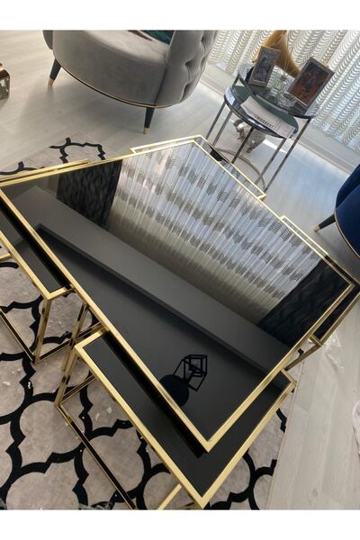 Onurdesign Kante Metal Gold Kaplama Siyah Camlı Kare Orta Sehpa 4+1