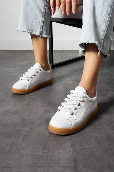 KOTAN Pantofi sport albi cu aspect confortabil din piele pentru femei - pantofi cu șireturi groase