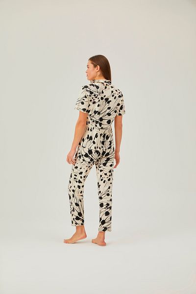 Pamuk & Pamuk Men's Collar Black Ecru Pants Pajama Set