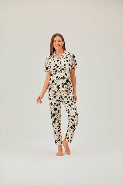 Pamuk & Pamuk Men's Collar Black Ecru Pants Pajama Set