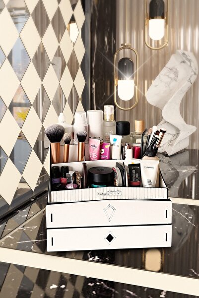 Design OTTO طقم مكياج خشبي أبيض كبير مكون من طبقتين ودرجين من بيلا - منظم مست...