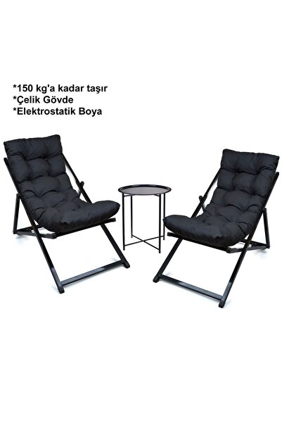 HUNDEMİR Minderli - Mostra Şezlong Seti Bahçe&balkon&teras&plaj Katlanır Ikili Set - 2 Şezlong 1 Sehpa