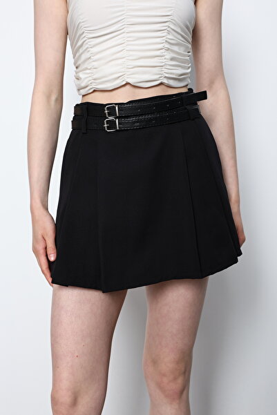 STİLPİX Kadın Siyah Çift Kemer  Şort Etek