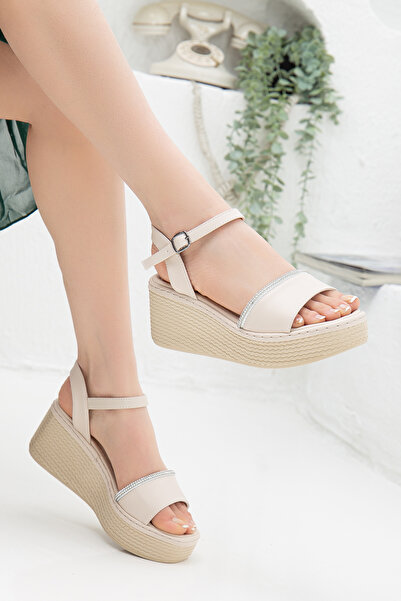 Mehmet Baran Baran Shoes Kadın Sandalet Açık Bej Sim Detaylı