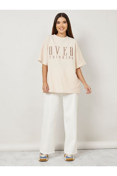 Styli Oversized Textured Contrast Slogan Print Drop Shoulder T-Shirt