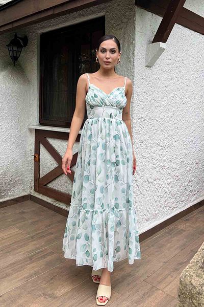 Seda Yalçın Atelier Green Chiffon Dress with Drape Detail and Straps