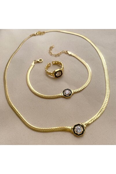 simurg jewellery İthal Altın Kaplamalı Tektaşlı Gümüş Zincir Takı Seti