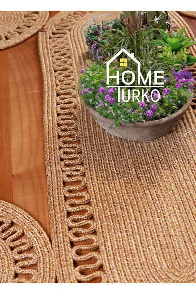 HomeTurko طقم مكون من 6 أطباق و1 عداء - طقم أطباق من الجوت للخدمة الأمريكية وقاعدة للطبق وسلة الخبز