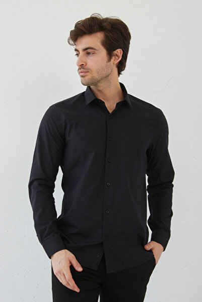 RAVANELLI Black Slim Fit Men's Shirt - Long Sleeve, Easy Ironing, Sweat Absorbing, Breathable Texture Tie, 4 Seasons